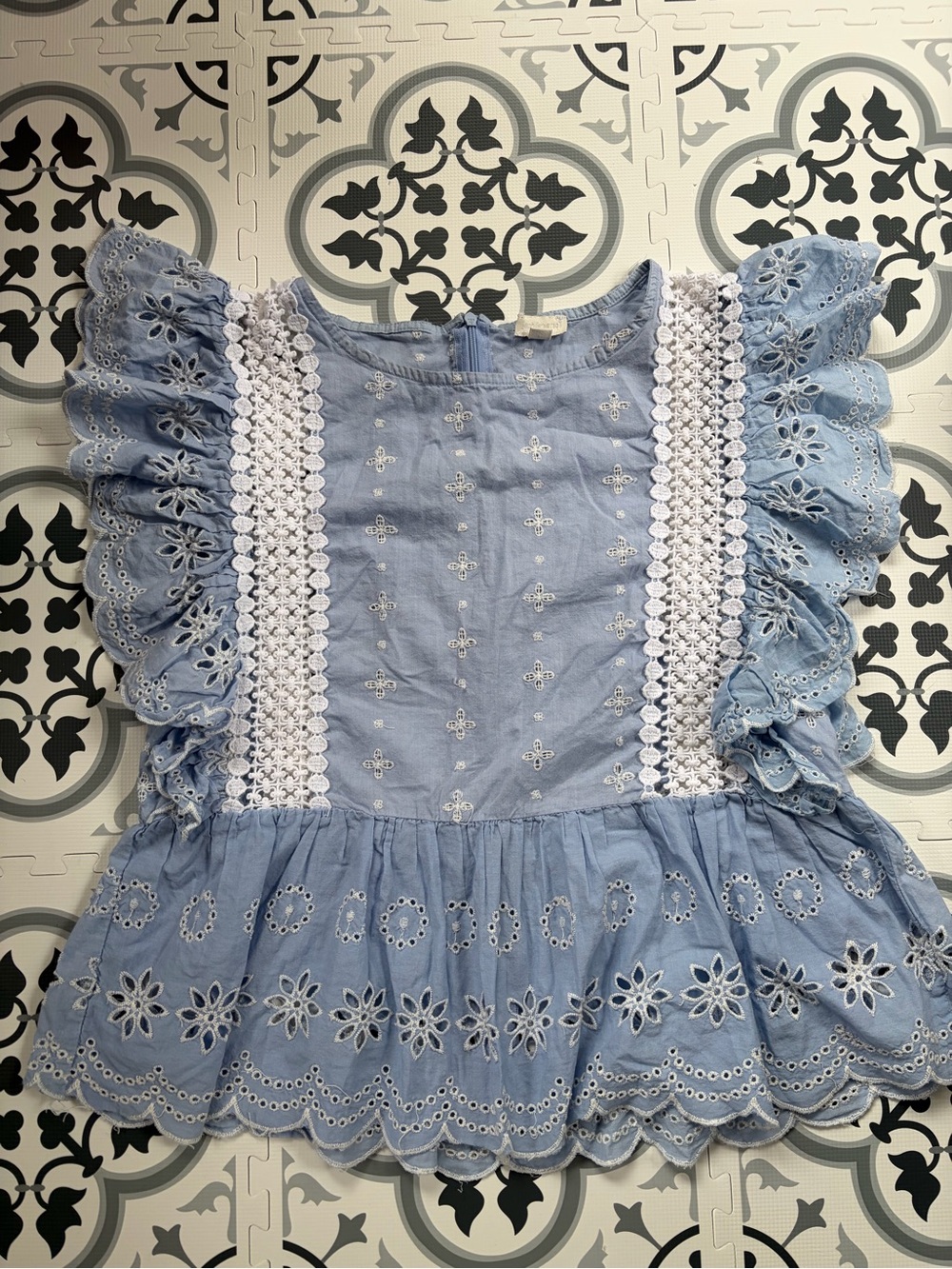 Light Blue Eyelet Ruffle Blouse with Crochet Trim